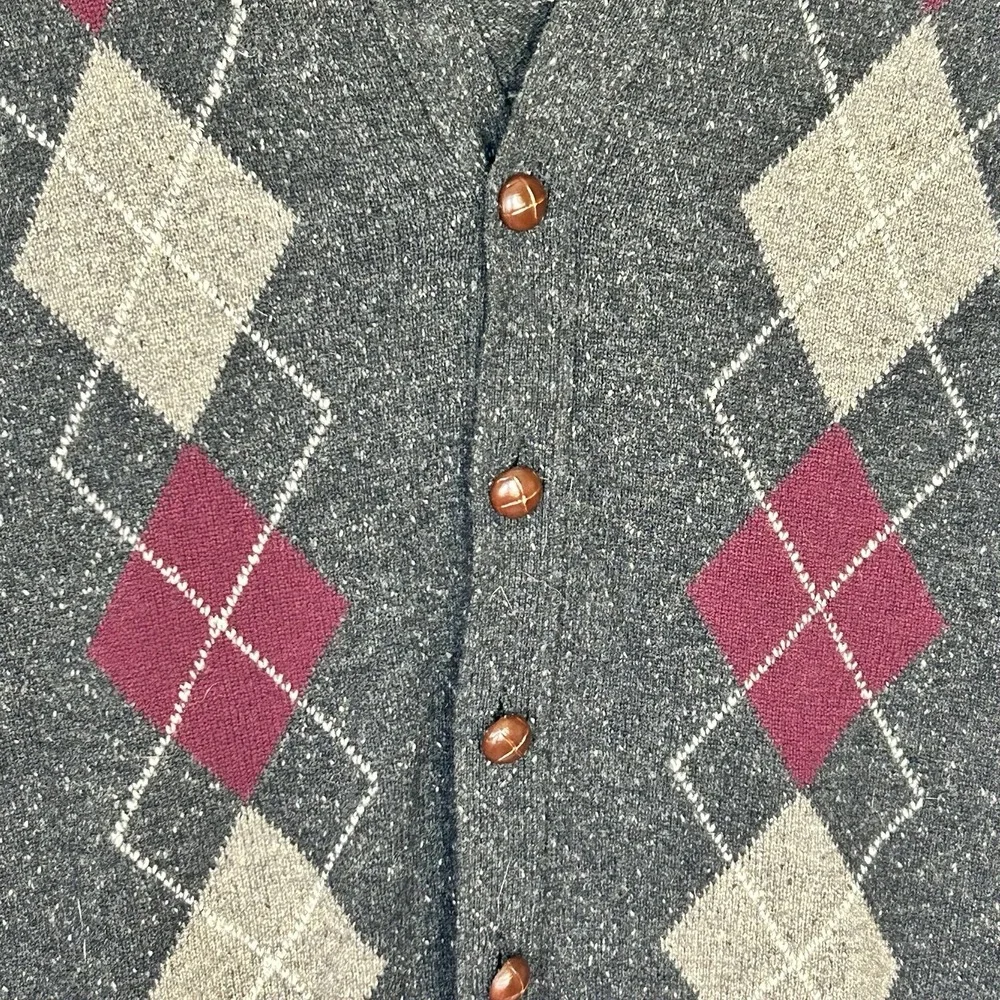 Vtg LL Bean 90s Men's Gray 100% Wool Argyle Vest Scotland 5-Button Large V-Neck